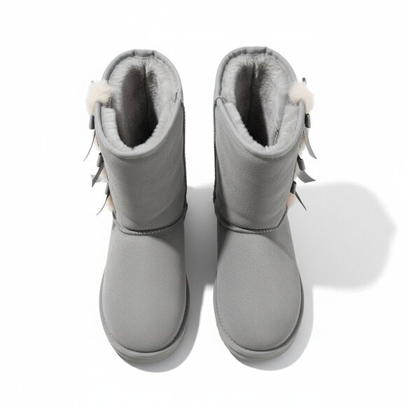Koolaburra by UGG Victoria Suede Tall Boots Gray Back Bow Faux Fur Pom Women 10
